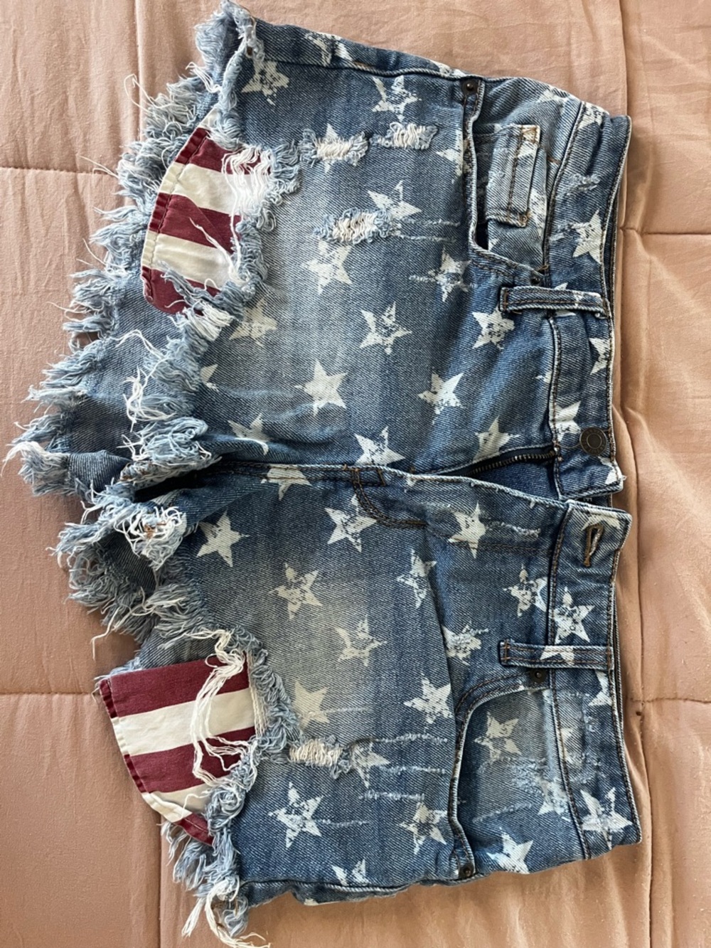 Denim Star Print Frayed Hem Women's Shorts - Blue